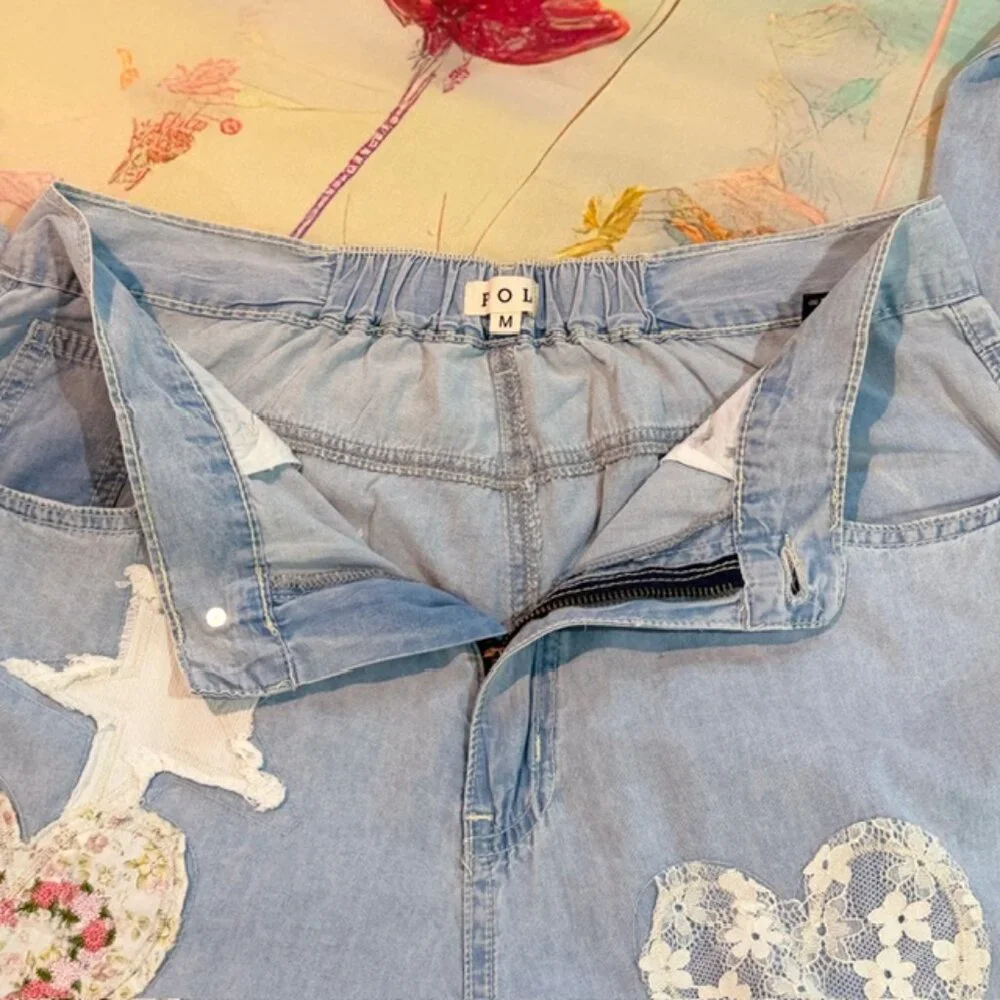 🆕Pol Star Heart Lace Patchwork Blue Denim Wide Leg Pants Size Medium - Picture 9 of 12